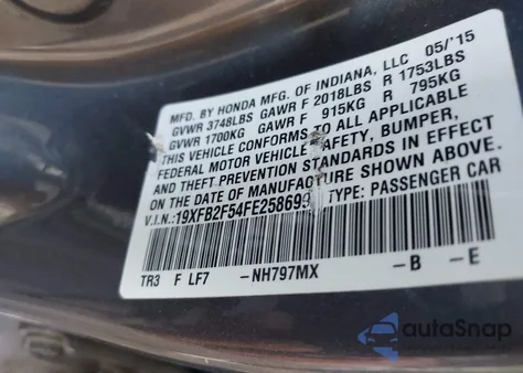 2015 Honda Civic Lx z USA, uszkodzony, nr VIN 19XFB2F54FE258699